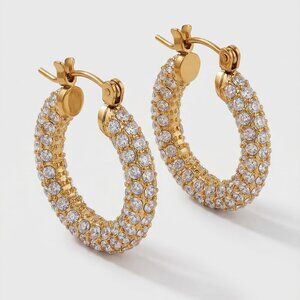 Medium Zircon Chunky Hoop 18K Gold Plated Stainless Steel Earrings‎